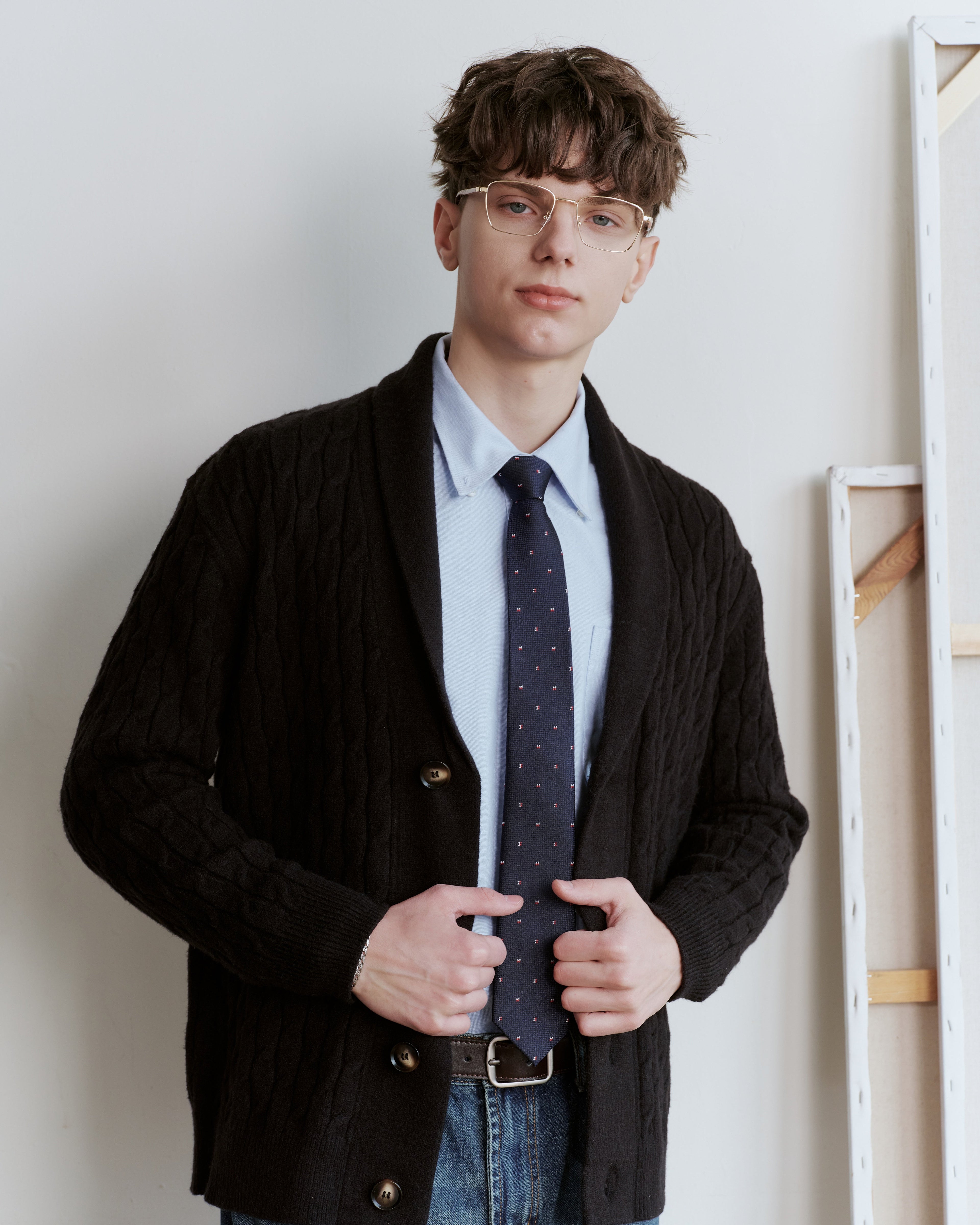 Twin Bows Silk Jacquard Tie - Navy