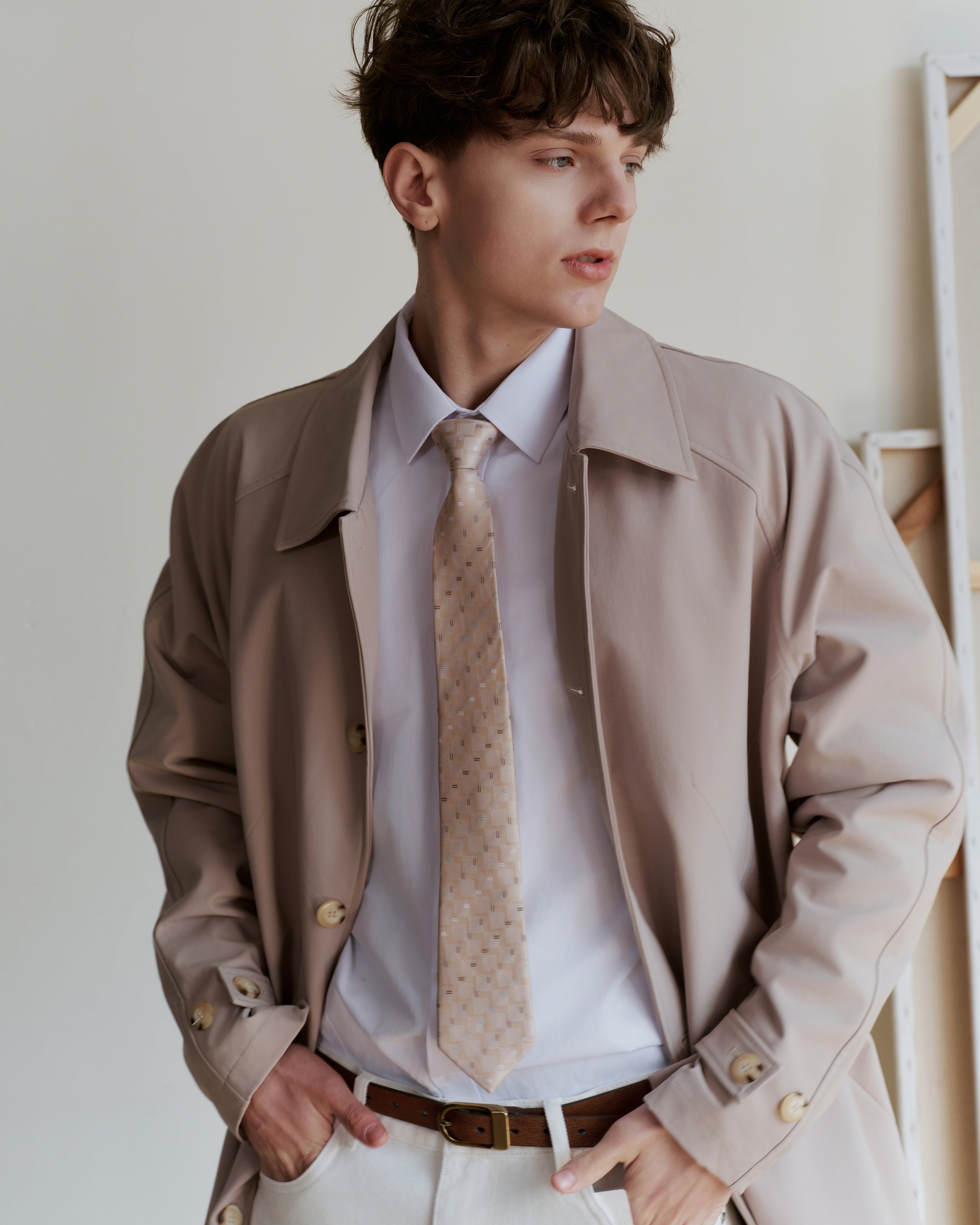 Pinstripe Tapestry Silk Jacquard Tie - Beige