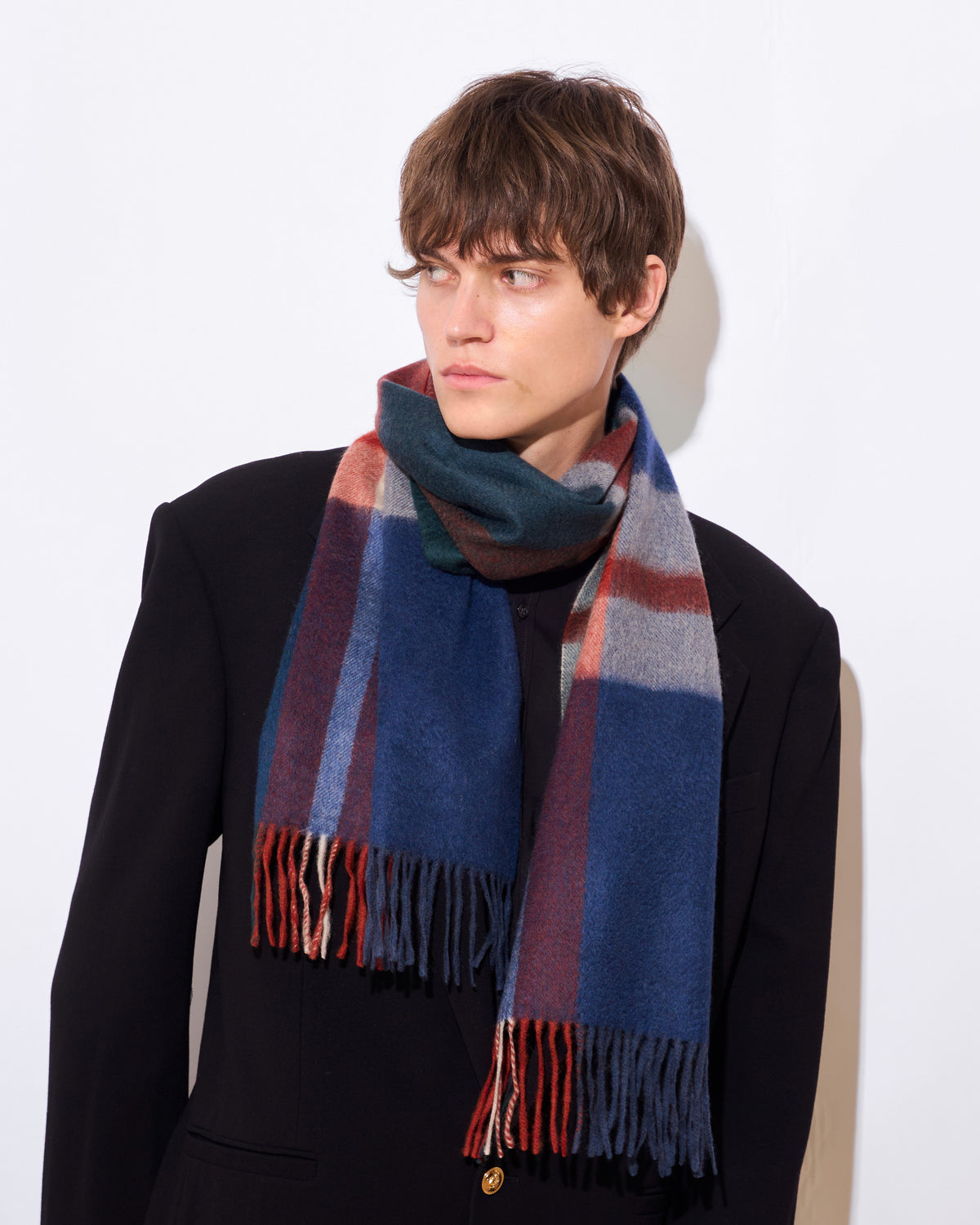 Knottery Plaid Cashmere Scarf - Navy & Red