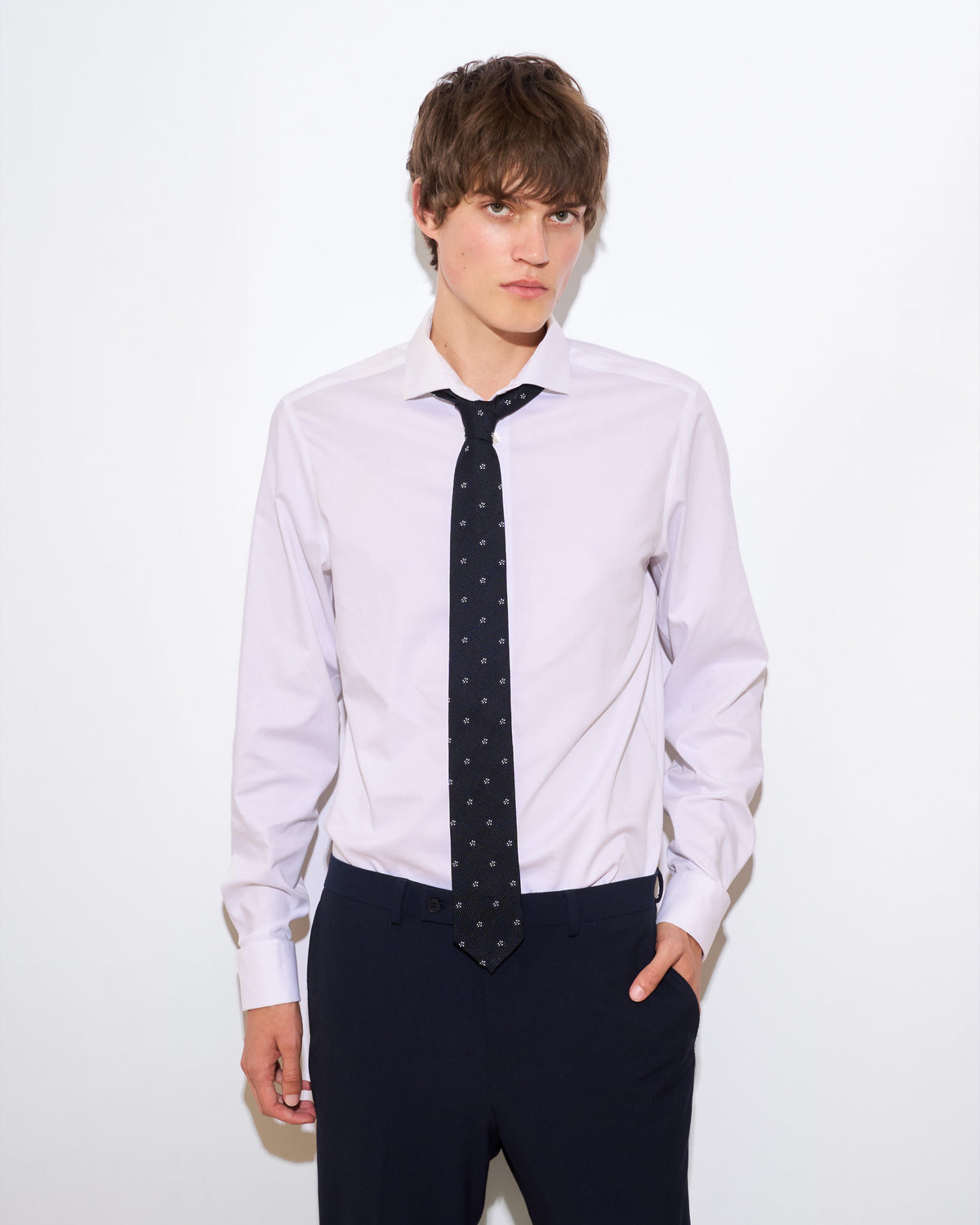 White Blossom Leno Silk Tie - Navy Blue