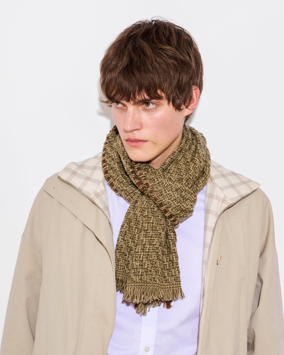 Basket Texture Knitted Cashmere Scarf - Olive Taupe