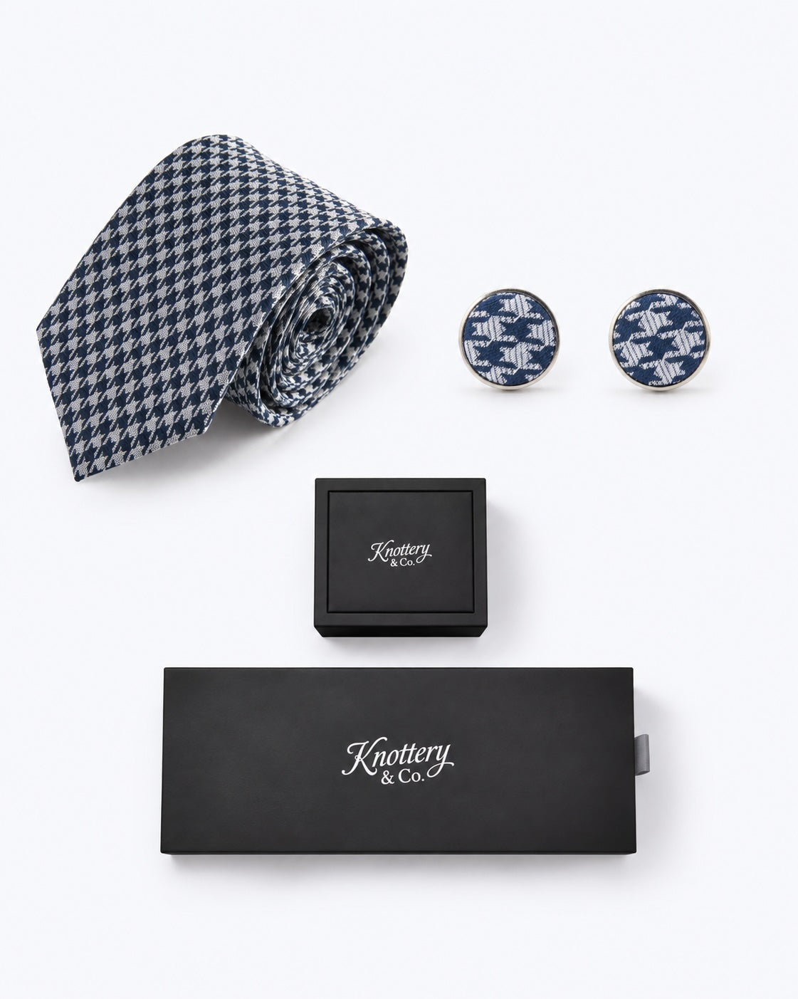 Houndstooth Heritage Silk Tie and Cufflinks Gift Set- Navy