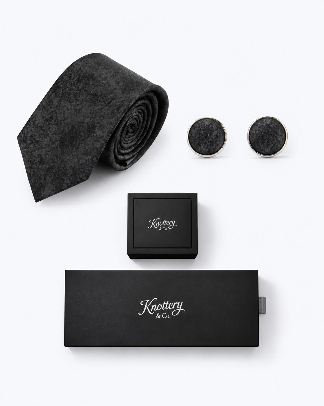 Marble Cloud Silk Tie and Cufflinks Gift Set - Black