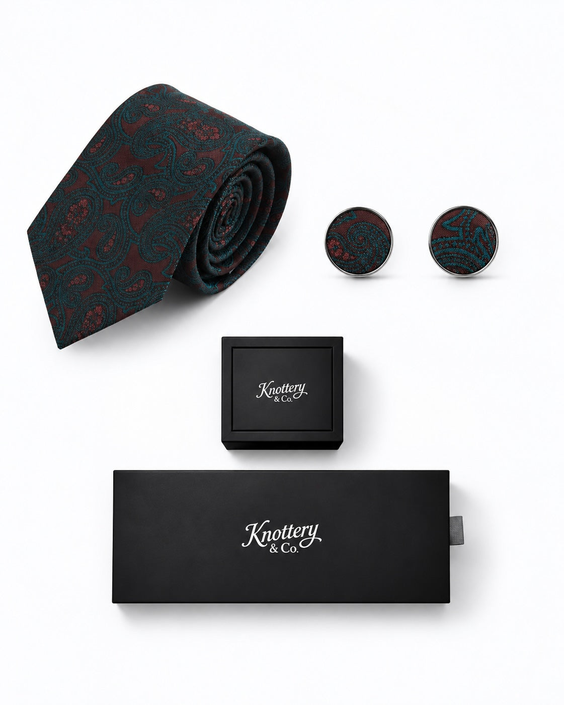 Paisley Silk Tie and Cufflinks Gift Set - Deep Merlot